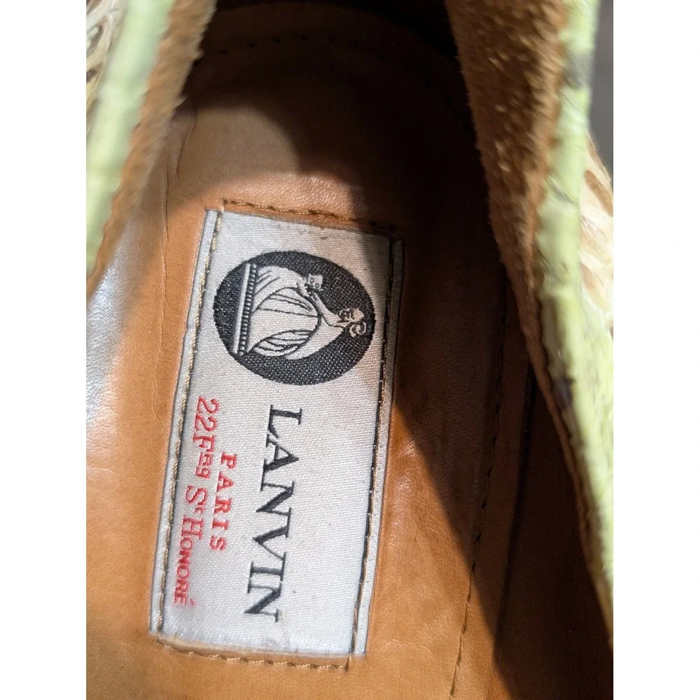 Lanvin Paris Snakeskin Print Leather Wedge Pumps Green Tan Wood Heel Size 40